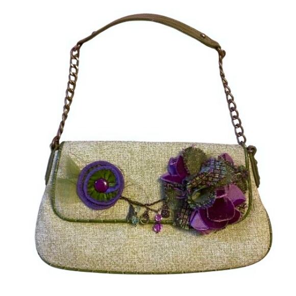 Y2K Green & Purple Flower Accent Shoulder Bag with Faux Alligator Chain Strap - Picture 1 of 8